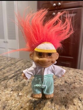 Vintage Russ 5” Golfer Troll Doll With orange Hair, Outfit, & Visor